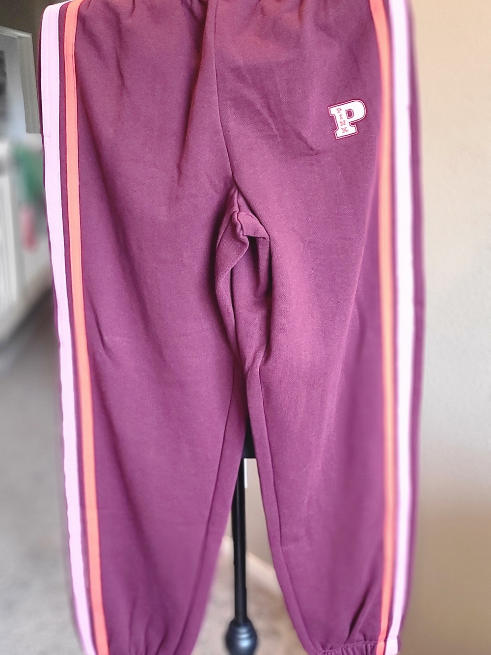 PINK Victoria's Secret Burgundy Joggers with Pink & Orange Side Stripes/Pockets